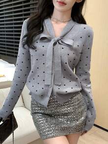 女士独特蝴蝶结灰色波点开衫毛衣，可单穿，秋冬女士针织开衫毛衣，圣诞节和新年礼物 - 灰色 - 查看 10