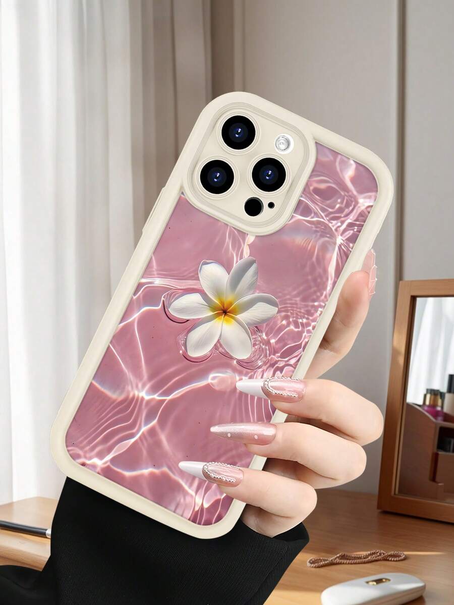 1 pieza funda de teléfono con diseño de flor blanca flotando en agua rosa con efecto ondulado, estilo tropical, TPU suave, protección completa antiimpacto y antideslizante, compatible con iPhone17 ProMax/16/15/14/13/12/11/Plus/Pro/ProMax, compatible con Galaxy A34/A35/A54/A55, Galaxy S20/S21/S22/S23/S24/S25 Ultra/Plus, compatible con Galaxy/Redmi/Honor/OPPO/ViVo - Blanco - Ver 1