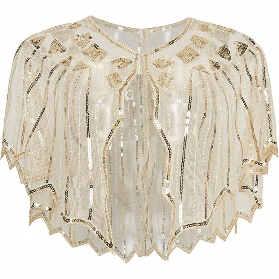 Shawl Wraps Sequin Beaded Evening Cape Bridal Shawl - Beige-3 - View 1
