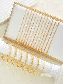 20pcs Fashionable, Minimalist, Elegant, Delicate, Retro Design Sense, Cute Geometric, Heart, Lock Chain, Round Bead, Sunface, Embossed Texture, Braided Face, Box Chain, Metal Style Bracelet Set, Suitable For Holiday, Party, Date, Gift, Daily Wear - Yellow Gold - View 5