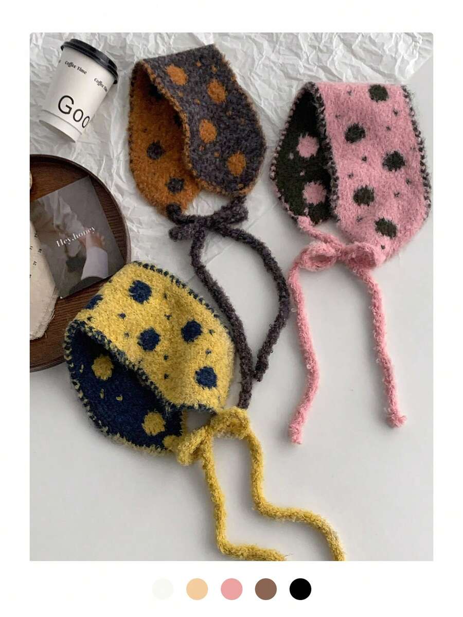 Khăn quàng cổ nhỏ dệt chấm bi cho nữ, băng đô thời trang thu/đông, bịt tai giữ ấm, khăn quàng cổ nhỏ dệt sọc retro đa năng cho nữ, khăn quàng cổ buộc dây dệt kim thu/đông, phụ kiện giữ ấm tai đa chức năng - bịt tai chống ồn chấm bi nhiều màu - Xem 1