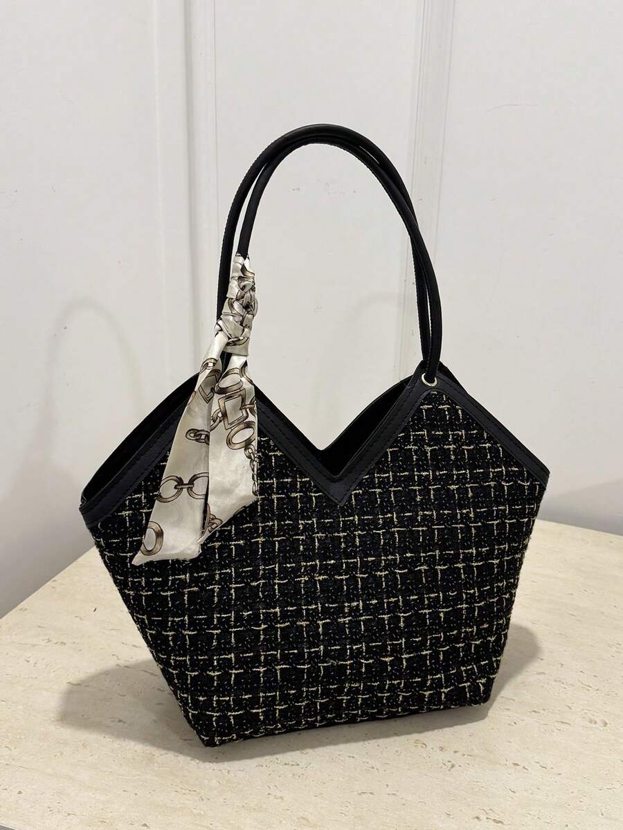 Leichte Schleifendekor, tragbar, lässig, modisches kariertes Muster, schmaler Schal-Dekor, Tweed-Schultertasche für Mädchen, Frauen, Studenten, Büroarbeiter für Herbst und Winter, für Arbeit, Büro, Pendeln, für Herbst und Winter, Outdoor - Schwarz - Übersicht 1