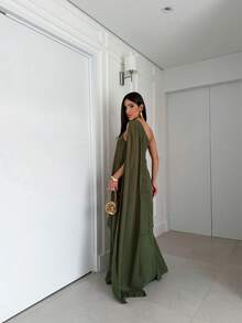 Elegant One-Shoulder Chiffon Party Dress With Detail, Perfect For A Bridesmaid At A Daytime Wedding. - Màu xanh Ô liu - Xem 3