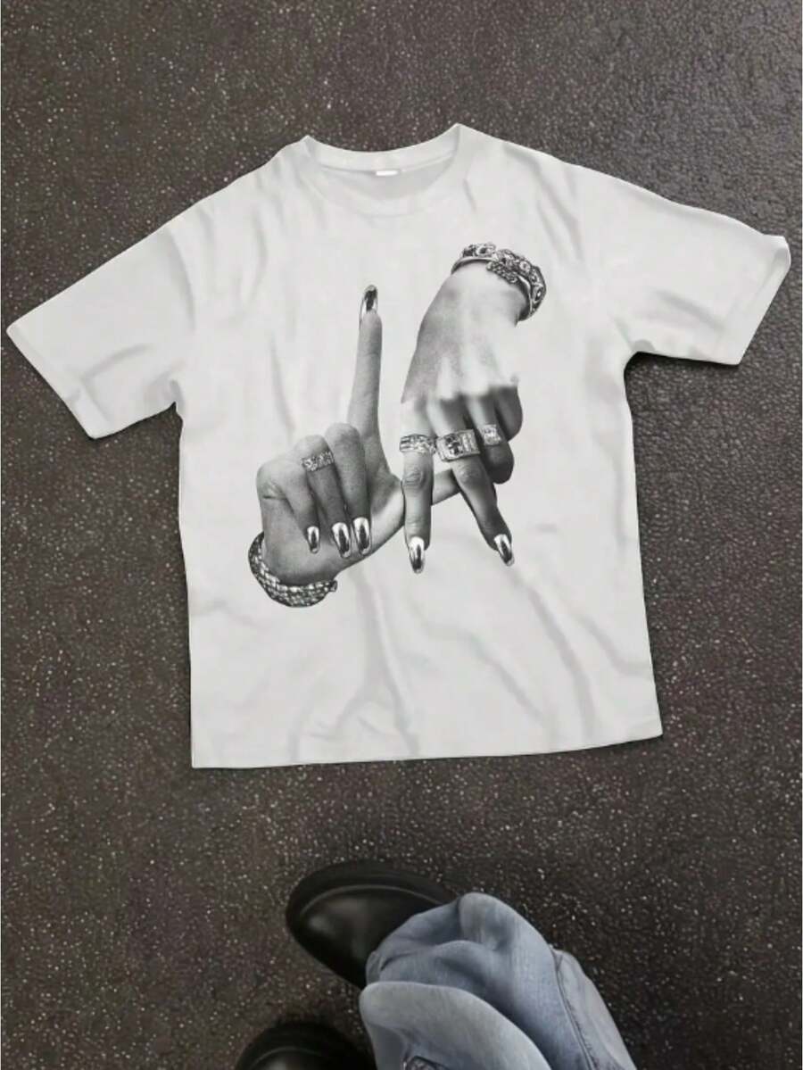 LA Gesture Graphic Women's-Shirt -% Cotton Vintage Casual Short Sleeve Tee With Bold Hand Gesture Print, Washable Round Neck Top Spring/Summer Casual Attire, Ladies Shirts, Summer Clothing, Comfortable Fit - 白色 - 查看 1