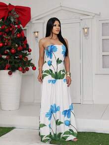 July Strapless Tropical Dress In Various Prints, 2025 Collection - rosa azul - Ver 2