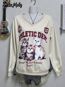 女士休闲可爱卡通猫标语原宿风格V领长袖运动衫，秋冬 - 杏色 - 查看 2