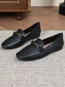 Women's Square Toe Flat Heel Slip-On Loafers, Work Shoes, New 2026 Spring/Autumn, Thick Sole Soft Bottom Moccasins, Plus Size - Black - View 4