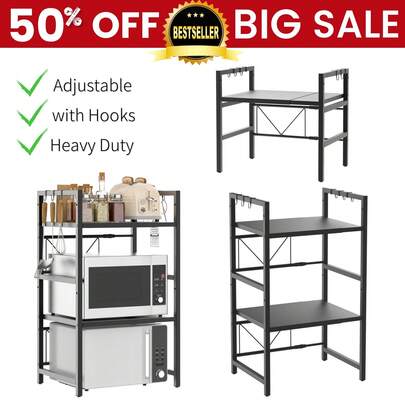 2/3 Tiers Expandable Microwave Shelf Stand, Sturdy Carbon Steel Over Microwave Shelf Unit With 6 Hooks, Bakers Rack, Countertop Organiser Shelfs, Air Fryer Stands Storage Holder Kitchen Shelves, Black