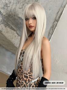 NAMM 28 Inch Silver Extra Long Layered Hair Wig - Very Long Syntehtic Straight Wig With Bangs, Premium Soft Silky Waist Heat-Resistant Fiber Hair Full Machine Costume Wigs For Women Daily Wear, Cosplay Festival Ready Party Use, - Sakura Celebrations Glam & Party Streetwear Photography - Girls Gift For Wig Accessories - Beginners Glueless Wig Accessories
