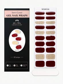 20片半固化凝胶美甲贴，冬季美甲酒红色带金色闪粉凝胶全甲贴，沙龙品质，需配合UV灯使用，非常适合女性在家DIY美甲。