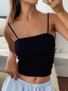 Livesso Áo ba lỗ crop top trơn đơn giản cho nữ mùa hè - màu đen - Xem 5