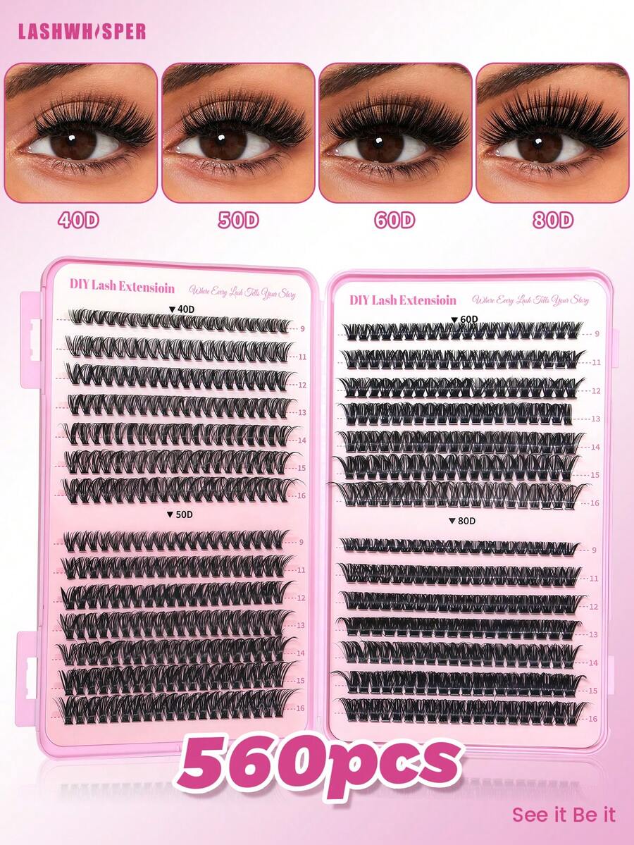 560pcs/Set DIY False Eyelash Clusters, 40D/50D/60D/80D Curl, 9-16mm Natural Soft Lightweight Reusable Individual Lashes With Brush, Suitable For Daily Makeup - Pink - View 1