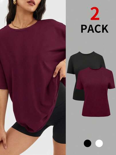2件装女士休闲宽松T恤 夏季圆领短袖运动基础款T恤上衣