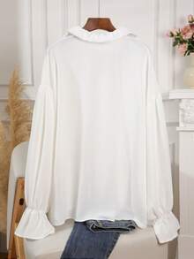 Blusa feminina elegante com mangas franzidas, blusa de escritório com gola vintage de cor sólida e botões frontais plissados/recortados de cor sólida - Branco - Ver 2