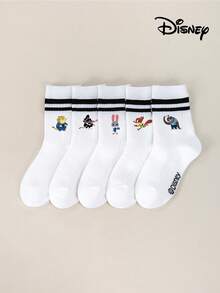 Disney 1/5 双动漫联名款，朱迪、尼克、闪电侠、博戈警长、贝尔韦瑟副市长儿童中筒袜套装，白色双条纹袜，白色袜子，儿童短袜，男童女童，周袜，酷炫卡通图案