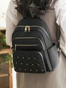 Women's Fashion Large Capacity Versatile Backpack With Rivets, Handbag, Shoulder Bag, Commuter Bag, Student Backpack, Mommy Bag - Black - View 3