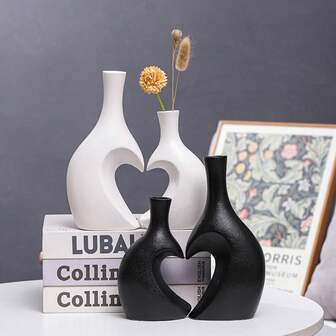 2个/套独特心形花瓶，黑白配色，简约现代装饰花瓶，适用于家居装饰，客厅、餐桌、茶几、置物架等场所。