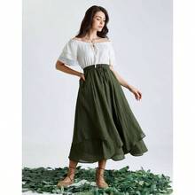 - Falda de cintura alta renacentista para mujer, falda larga de doble capa - Verde oliva + M - Ver 5