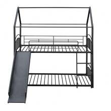 MERAX Twin Over Twin Metal Bunk Bed With Slide,Kids House Bed Black - 亮黑色 - 查看 7