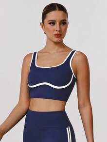 Sodalemon Áo ba lỗ thể thao cổ chữ U màu tương phản dành cho nữ tập gym, yoga, chạy bộ, chạy bộ - Màu xanh hải quân - Xem 7