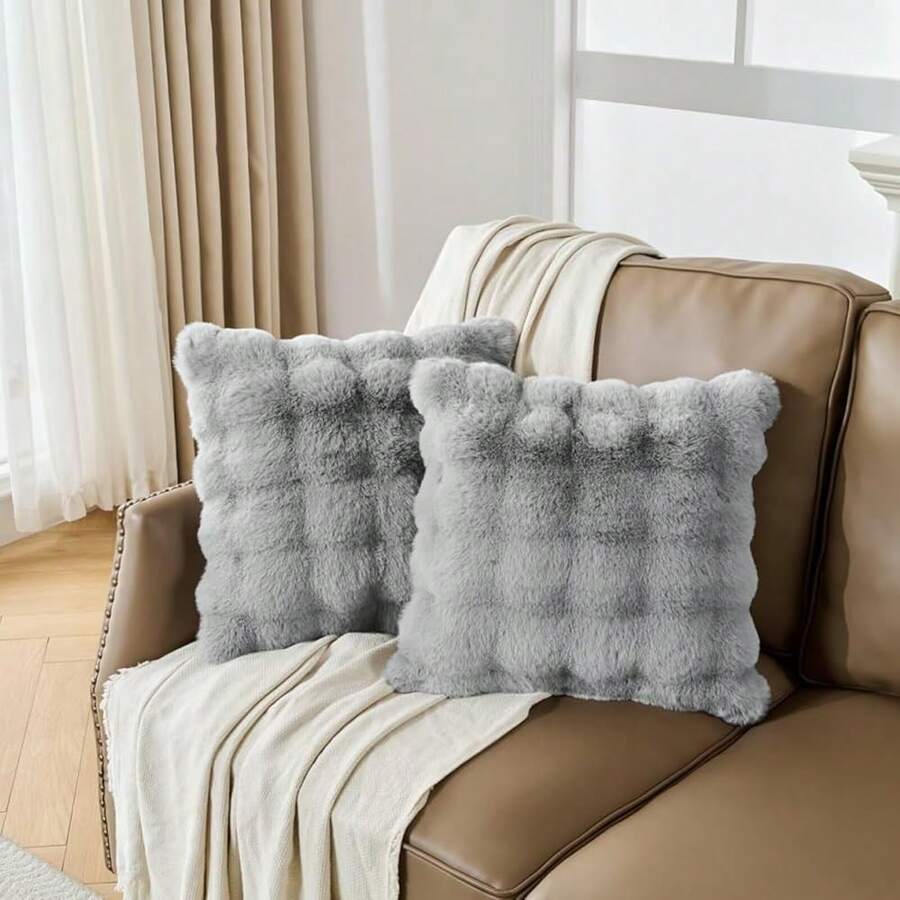Grey Print Faux Fur Fluffy Pillowcases,Pl 11ush Shaggy Soft Pillow Cover, Fuzzy Decorative Cushion Pillow Cases, Furry Pillow Shams For Bed Sofa Bedroom,Set Of 2-20x26 Inch,26inchx20inch(Packof2),Grey - 灰色 - 查看 1