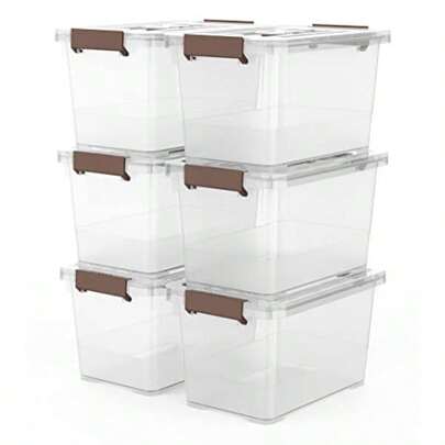 WSXC WYT 6-Pack Clear 7 Quart Storage Latch Box/Bins Plastic Stackable Latching Box With Brown Handle And Lid Multi-Purpose 7 Litre