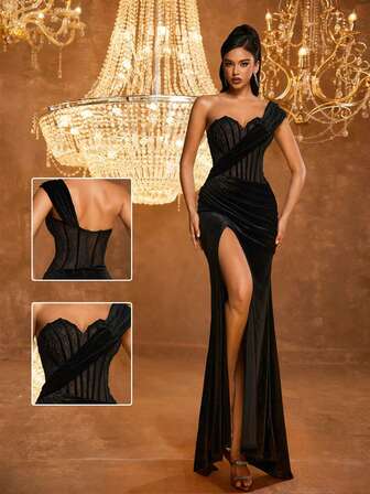 Smilprince Elegant Black Velvet Corset One-Shoulder High Slit Long Sheath Evening Gown, Dress Elegant Party, Prom Dresses For Women, Formal Evening Gown For Wedding Guest, Graduation, Dinner
