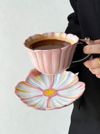 1 Set Sunflower Ceramic Coffee Cup & Saucer, French Asymmetrical Ceramic Coffee Cup, Breakfast Cup, Saudi Coffee Cup, Water Cup, Afternoon Tea Cup, Elegant Office Coffee Cup, Ceramic Cup & Saucer Set, Gift