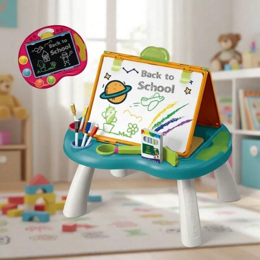 Este juego de 48 piezas de tablero de dibujo magnético de doble cara para niños incluye una pizarra magnética portátil y desmontable de doble cara con diversos accesorios para dibujar y escribir. Es el regalo perfecto para Navidad, cumpleaños y Año Nuevo. - Azul - Ver 1