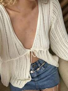 女士白色钩针编织开衫 | 系带V领长袖薄纱罩衫，适合海滩度假 - 杏色 - 查看 7