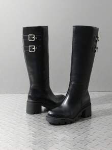 Women's Motorcycle Buckle Knee-High Boots Round Toe Side Zipper Low Block Heel  Party Comfortable Boots For Fall And Winter - màu đen - Xem 6