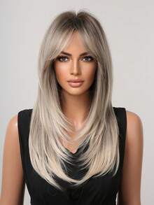 Peluca sintética con capas y flequillo, cabello largo y liso, adecuada para uso diario y juegos de roles, fibra resistente al calor, cómoda y esponjosa, de alta calidad; cabello realista; ideal para viajes, Halloween, Navidad y uso diario; peluca de estilo dopamina