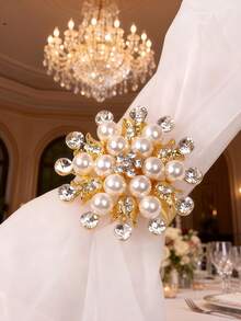 6/12pcs Gold Rose Petal Pearl Napkin Rings, White Polyester Napkins, Suitable For Room Decor, Dining Table Decor, Home Decor, Fit For Party, Birthday, Wedding, Banquet Buffet Elegant Minimalist Decoration - Multicolor - View 5