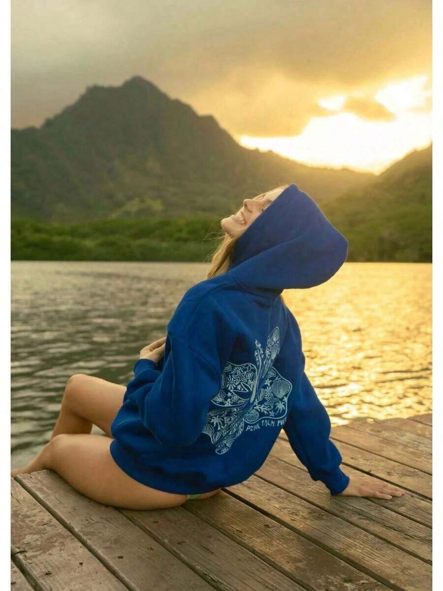 2025Hawaii Hibiscus Letter Print Embroidered Loose Sweatshirt Women's Drop Shoulder Sleeve Ribbed Hoodie Printlong Sleeve Tops,Tops,Hoodies - 寶藍色 - 查看 1