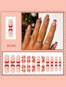 24pcs Medium Square False Nails, Christmas Red Heart Gingerbread Man Wearable Nails, Full Coverage Removable Manicure Set, Suitable For Women Party, Ball, And Daily Wear