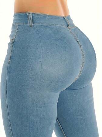 女士修身弹力牛仔裤 蓝色女士牛仔裤 女士长裤 蓝色牛仔裤，秋冬女装，休闲优雅牛仔裤，女士休闲穿搭