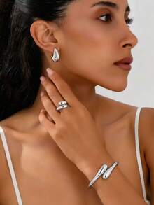 时尚合金水滴元素耳环、戒指、手链、波浪形吊坠项链套装，适合女性日常佩戴、节日、礼物、海滩派对 - 銀色 - 查看 18