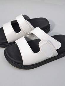 1 Pair Girls' Sandals, Black And White Color Block Double Strap Decoration, Fits Foot Shape, Open Toe Low-Top, Hook And Loop Fastener, Flat Design, Fashionable Minimalist Slide Style, Suitable For Shopping, Outdoor Walking And Other Occasions. - White - View 8