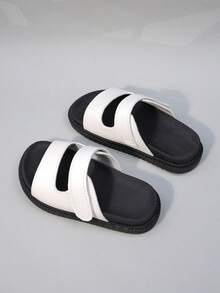 1 Pair Girls' Sandals, Black And White Color Block Double Strap Decoration, Fits Foot Shape, Open Toe Low-Top, Hook And Loop Fastener, Flat Design, Fashionable Minimalist Slide Style, Suitable For Shopping, Outdoor Walking And Other Occasions. - White - View 7