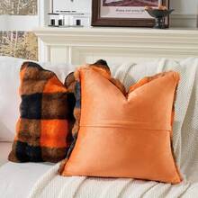 Set Of 2 Faux Fur Cozy Throw Pillow Covers Halloween Decorations Throw Pillows Cushion Pillowcase For Sofa Couch,Orange-Black Grid Print 18 X 18 Inch,18inchx18inch(Packof2),Orange-BlackGridPrint - 橙黑網格印花 - 查看 3
