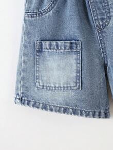 2 Stück/Set Modischer Streetwear Lässig Komfort Jeans Stil Englisch Muster Kragen Schneeflocke Jeans Kurzarm Top und personalisierte Lässig Jeans Shorts Set für Kleine Jungen - Helle Waschung - Übersicht 7