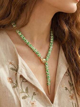 ZAA Bead Spliced Long Snake Pendant Necklace, European And American Exaggerated Snake Ornament Necklace, Fashionable Light Luxury Handmade Necklace, Snake Necklace, Women's Jewelry, Dopamine Style Necklace