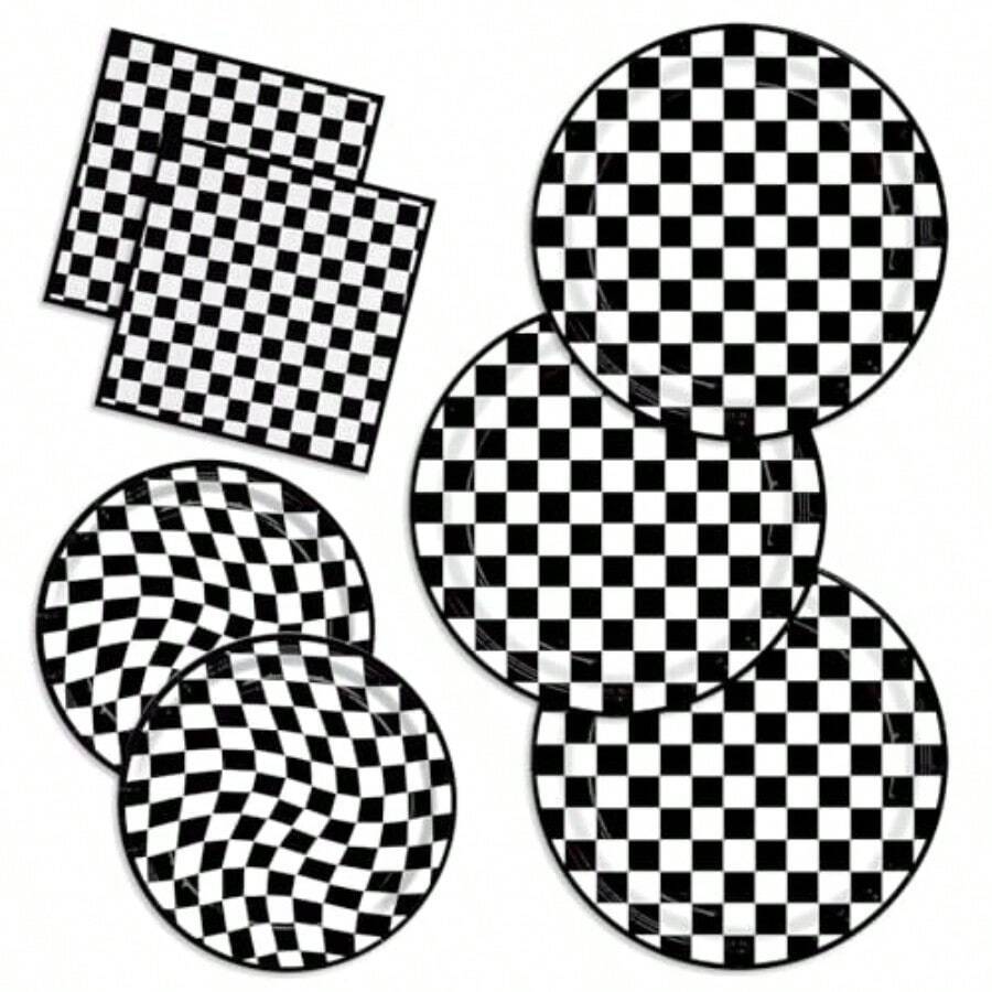 D150pcs Race Car Paper Plates And Napkins Party Plies Disposable Tableware Set Checkered Flag Racing Sports Birthday Party Decorations Serve 50 Guests - 如圖 - 查看 1