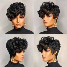 Elegant Fluffy Curly Pixie Short Wig With Bangs, Layered Curly Hair Design For Comfortable Wear, Rose Net Cap No Glue Needed, Suitable For Daily, Party, Christmas, New Year And K-Pop Culture - Natural Black - View 11