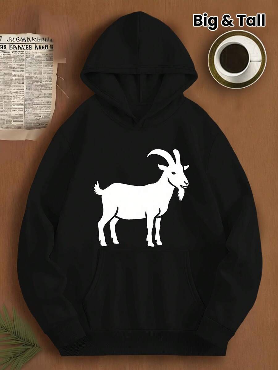 [Polyester Hoodie] 1pc Men-S Plus Size Casual Polyester Hoodie - Loose Fit Pullover With Hood, White Goat Silhouette Print, Knitted Fabric - JPH-9 - Đen 8 - Xem 1