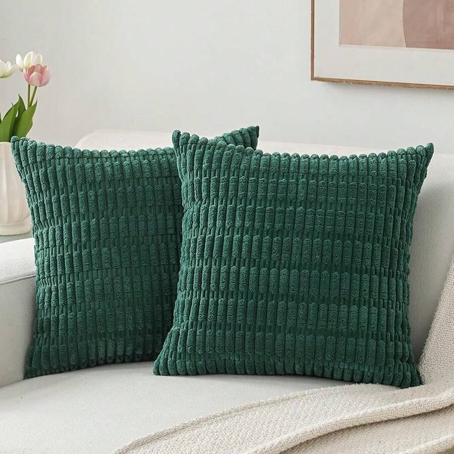 Volcanics Pack Of 2 Corduroy Decorative-Throw-Pillow-Covers-18x18, Soft Striped Square Cushion Cases, Modern Farmhouse Boho Home Decor, Dark Green,18inchx18inch(Packof2),DarkGreen - 深綠色 - 查看 1