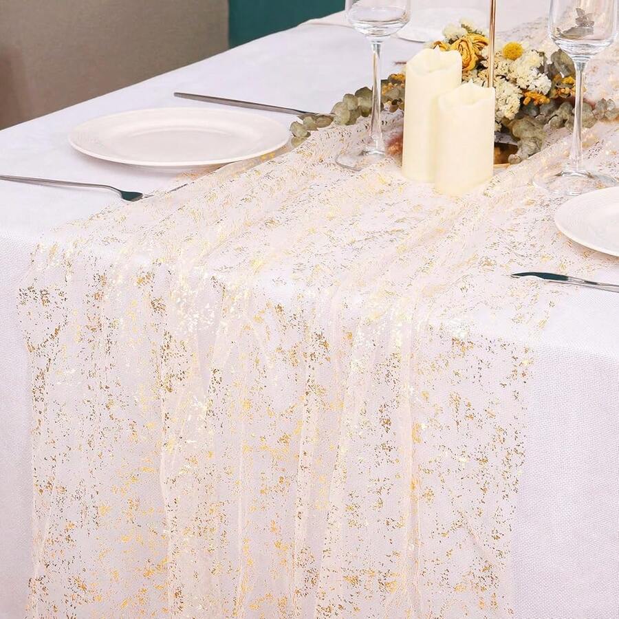 6PCS Gold Table Runner 10Ft Gold Sheer Table Runner Chiffon Fabric Cheesecloth Sequin Glitter Table Runner For Wedding Birthday Bridal Shower Party Decor,10ftx6pack,Gold - 金色 - 查看 1