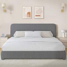 HOMBCK Twin/ Full/ Queen/ King Size Bed Frame, Boucle Upholstered Platform Bed With Headboard, Modern Style, Soft Rounded Corners, No Box Spring Required, Easy Assembly, Beige/ Grey/ Pink/ White/ Light Grey/ Black/ Green - 淺灰色 - 查看 14