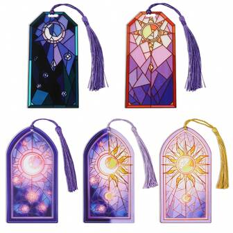 Sun Moon Magic Painted Glass Transmitting Acrylic Tassel Bookmark - Church Window Panel Design Fantasy Novel Reading Mark Fantasy Enthusiasts, Aesthetic Collection Control Preferred.