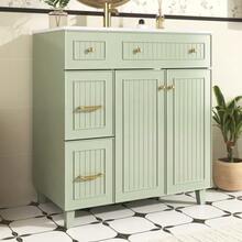 Bathroom Vanity Unit With 81.7 Cm Basin - Freestanding Unit With Ceramic Basin, Lacquered Surface, Multifunctional Storage Space And Solid Wood Legs, With A Modern And Luxurious Design - Green - Green - View 10